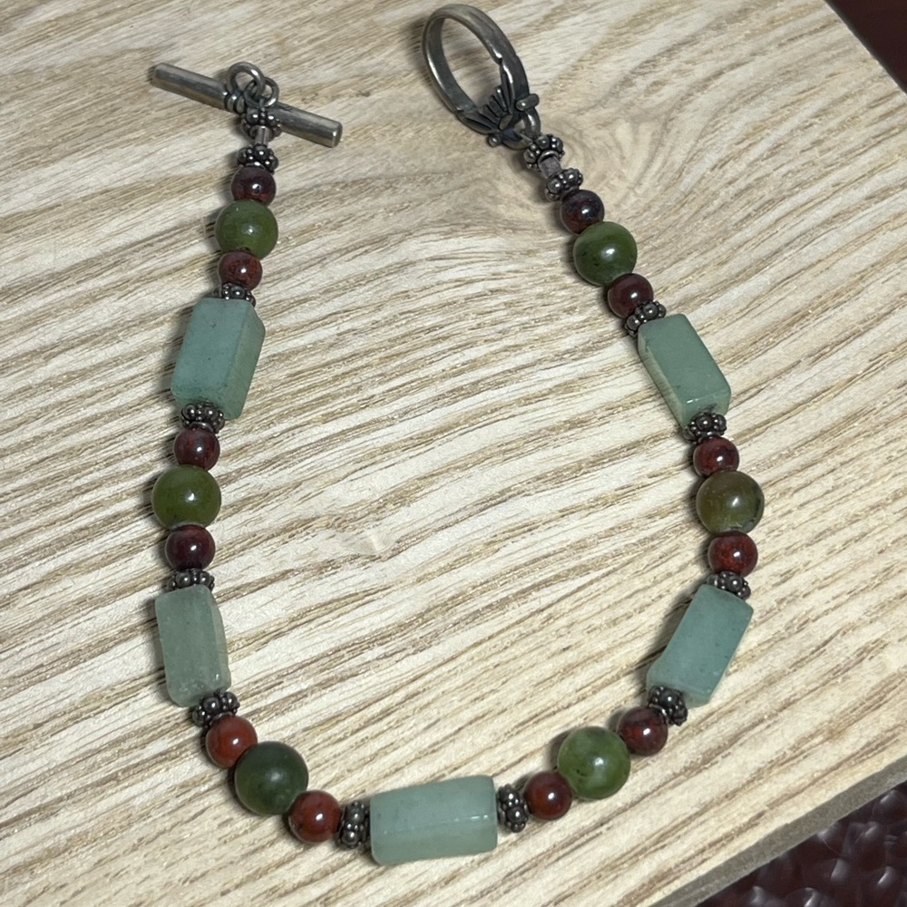 Vintage Natural Stone Beaded Bracelet Toggle Clasp Boho Earth Tones